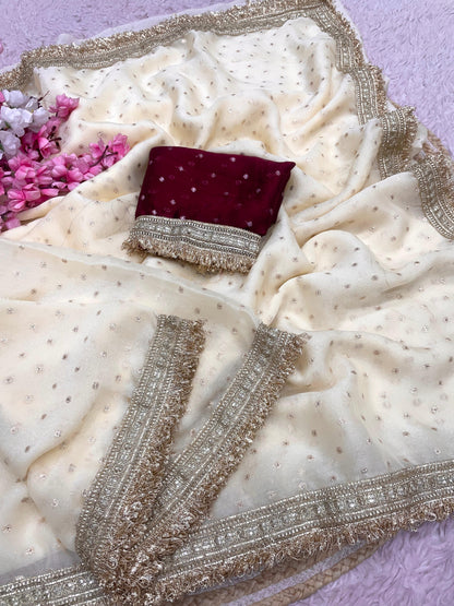 Premium NC Moss Butti Saree with Elegant Lace Border
