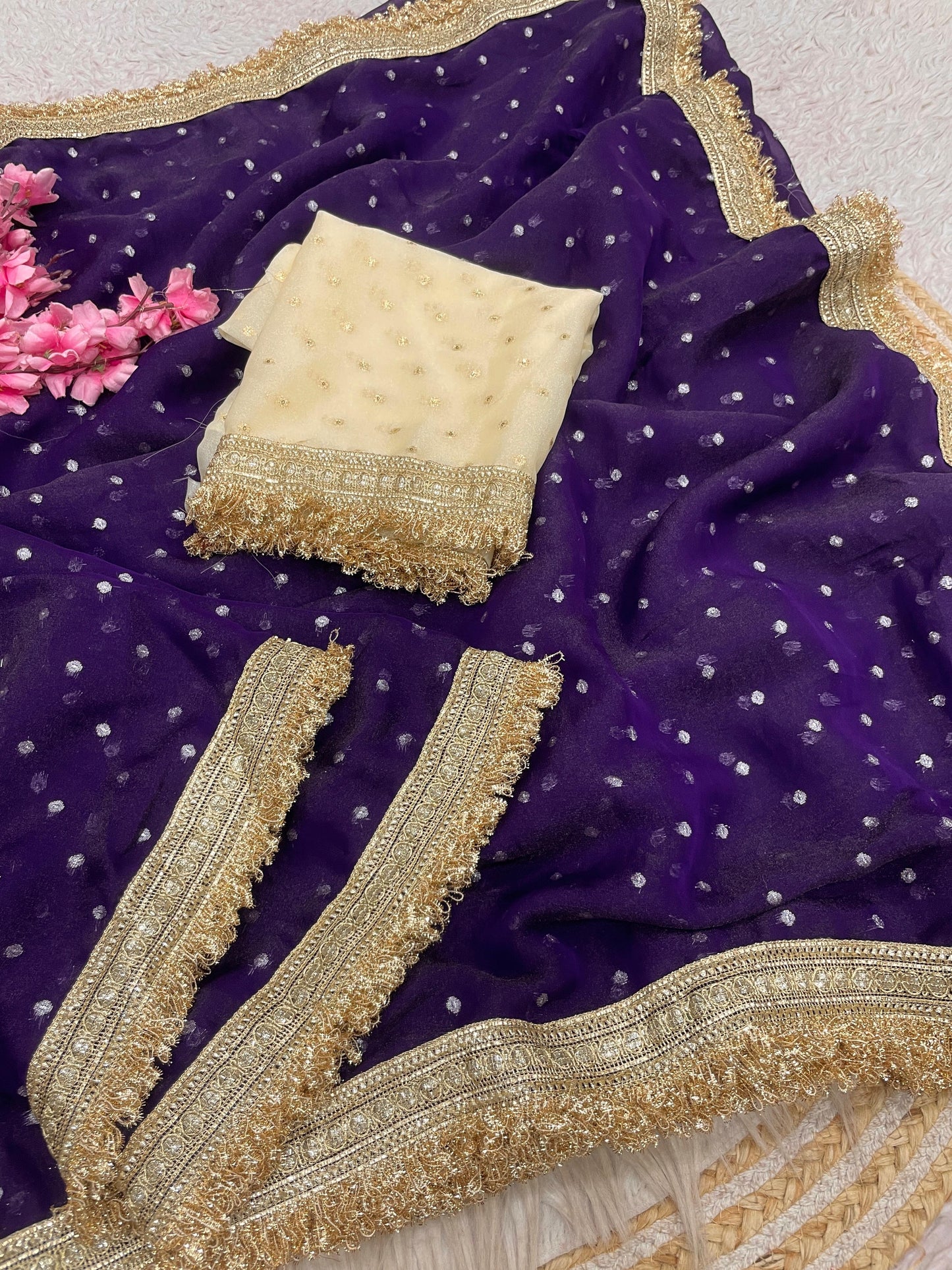 Premium NC Moss Butti Saree with Elegant Lace Border