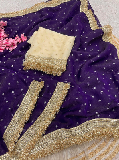 Premium NC Moss Butti Saree with Elegant Lace Border