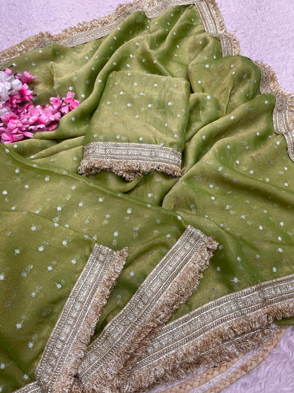 Premium NC Moss Butti Saree with Elegant Lace Border