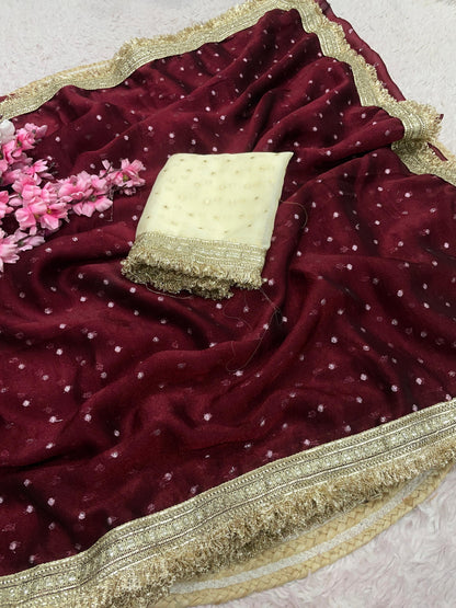 Premium NC Moss Butti Saree with Elegant Lace Border