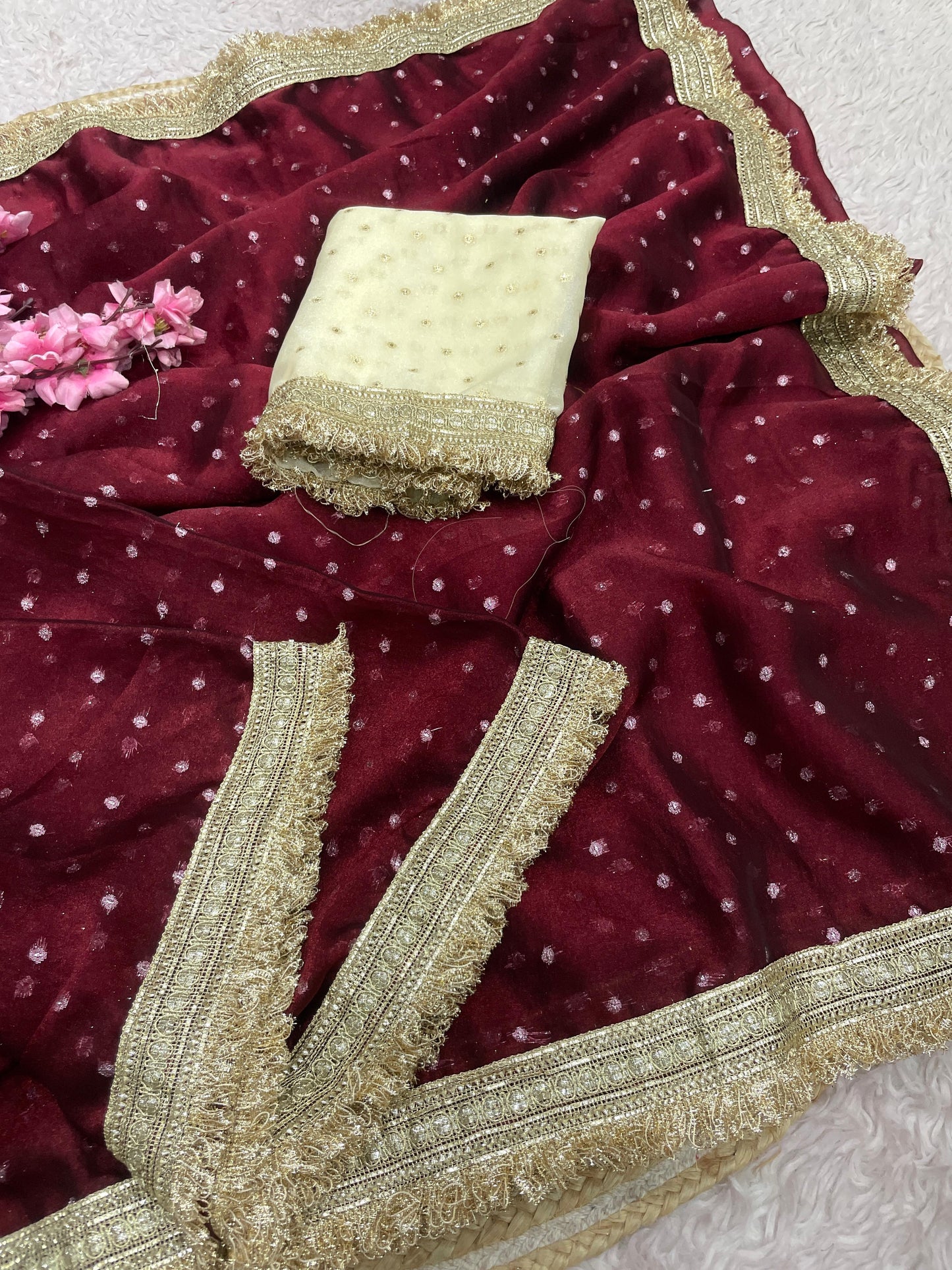 Premium NC Moss Butti Saree with Elegant Lace Border