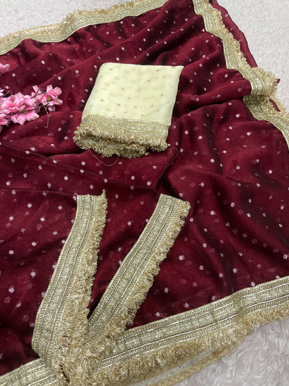Premium NC Moss Butti Saree with Elegant Lace Border
