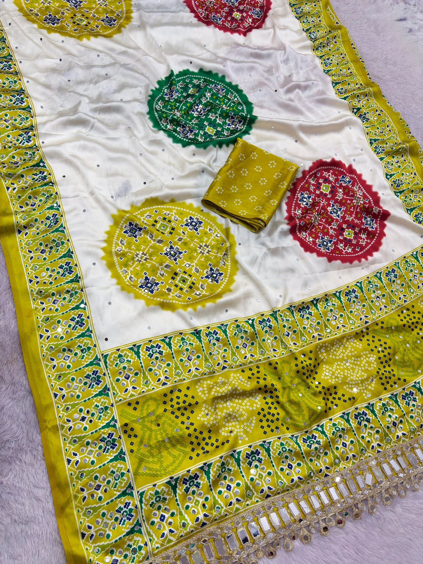 Premium Japan Satin Saree with Original Mirror Work