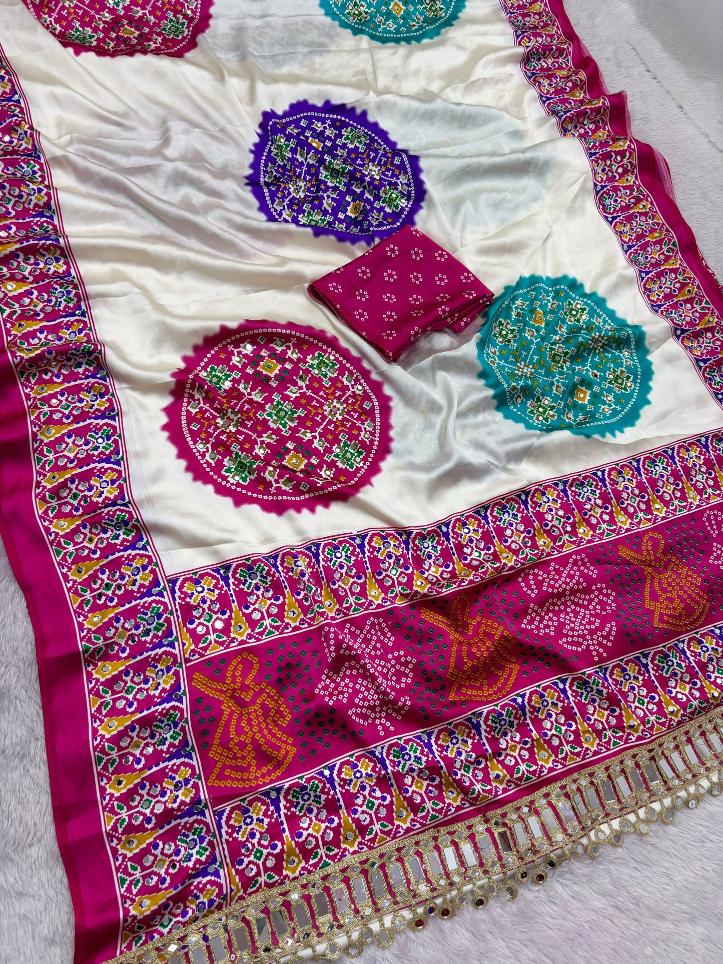 Premium Japan Satin Saree with Original Mirror Work