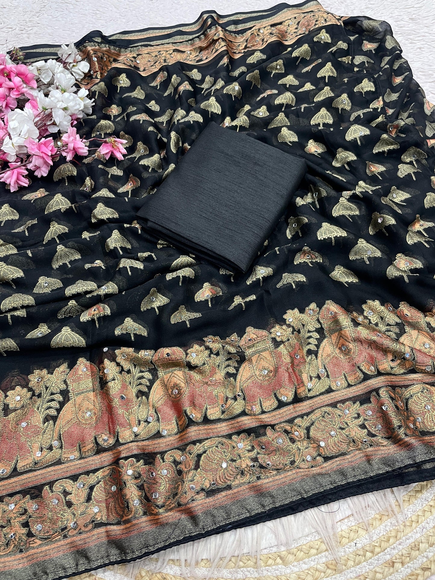 Premium Masmelo Brasso Saree with Original Mirror Work & Piping