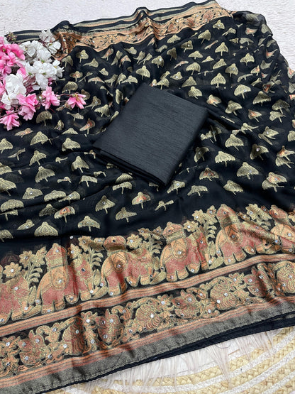Premium Masmelo Brasso Saree with Original Mirror Work & Piping