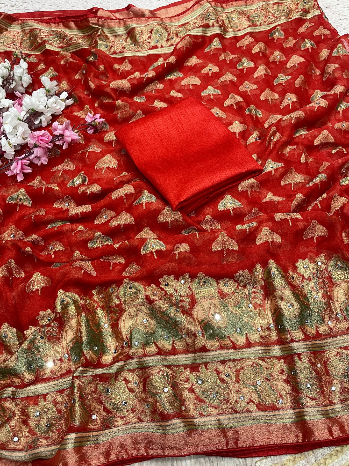 Premium Masmelo Brasso Saree with Original Mirror Work & Piping