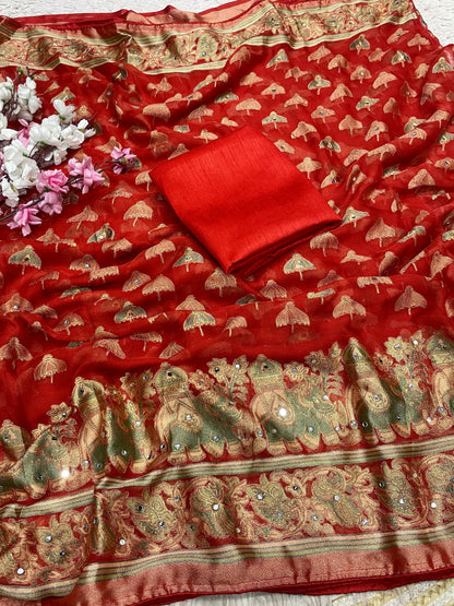 Premium Masmelo Brasso Saree with Original Mirror Work & Piping