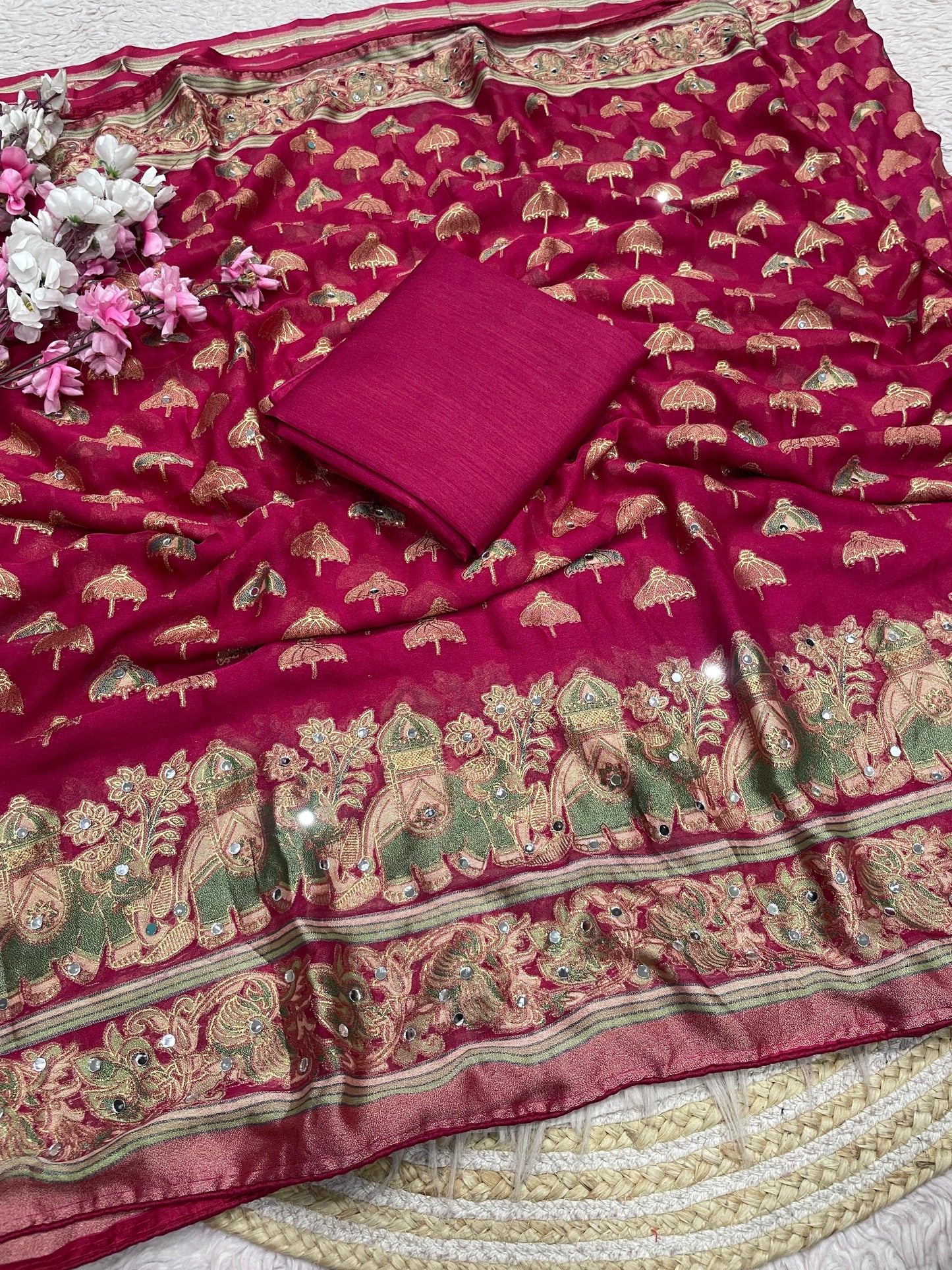 Premium Masmelo Brasso Saree with Original Mirror Work & Piping