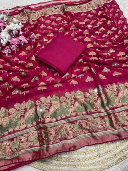 Premium Masmelo Brasso Saree with Original Mirror Work & Piping