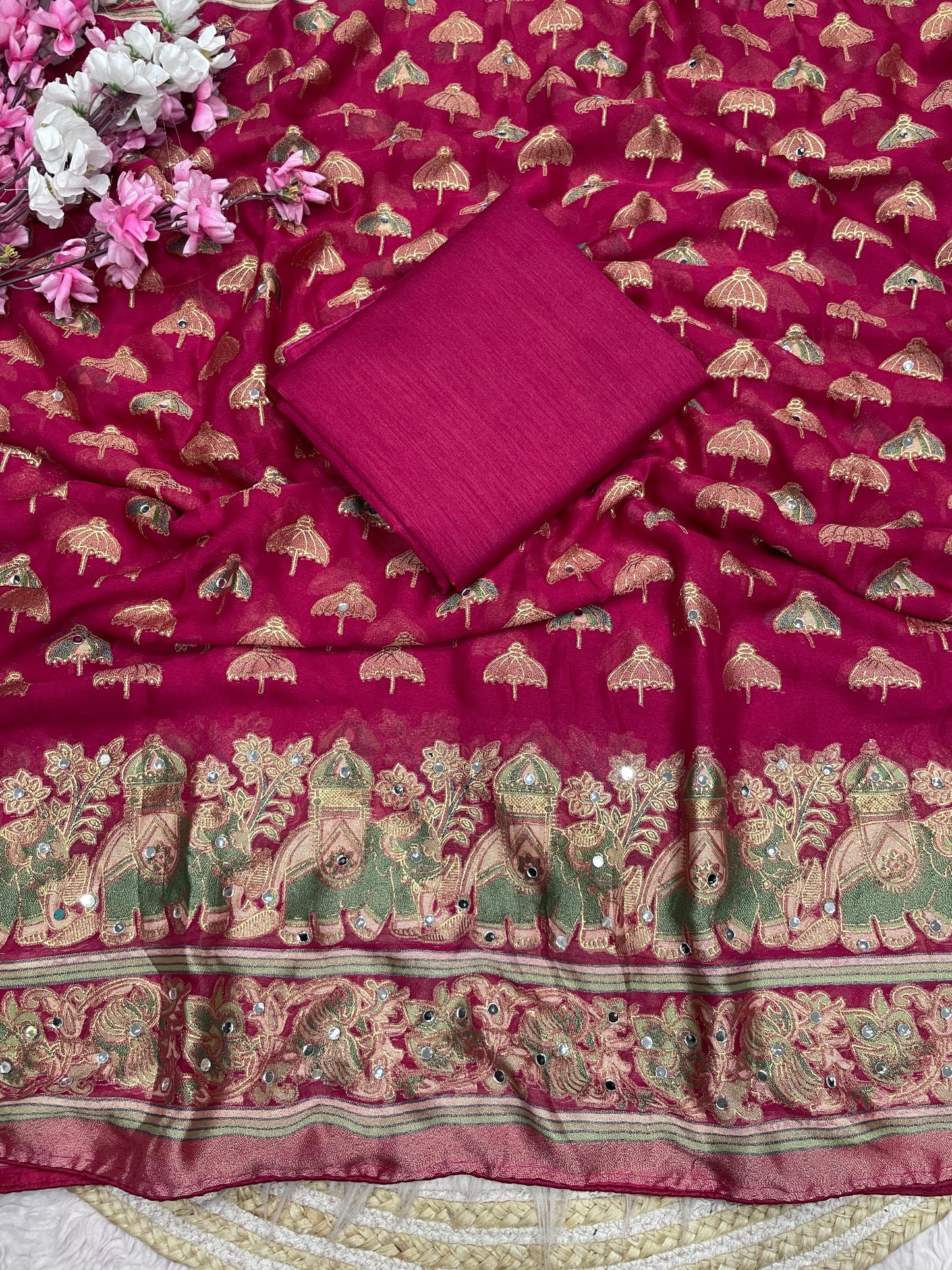 Premium Masmelo Brasso Saree with Original Mirror Work & Piping