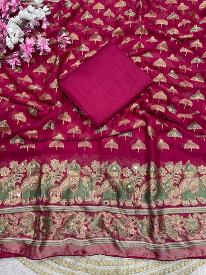 Premium Masmelo Brasso Saree with Original Mirror Work & Piping