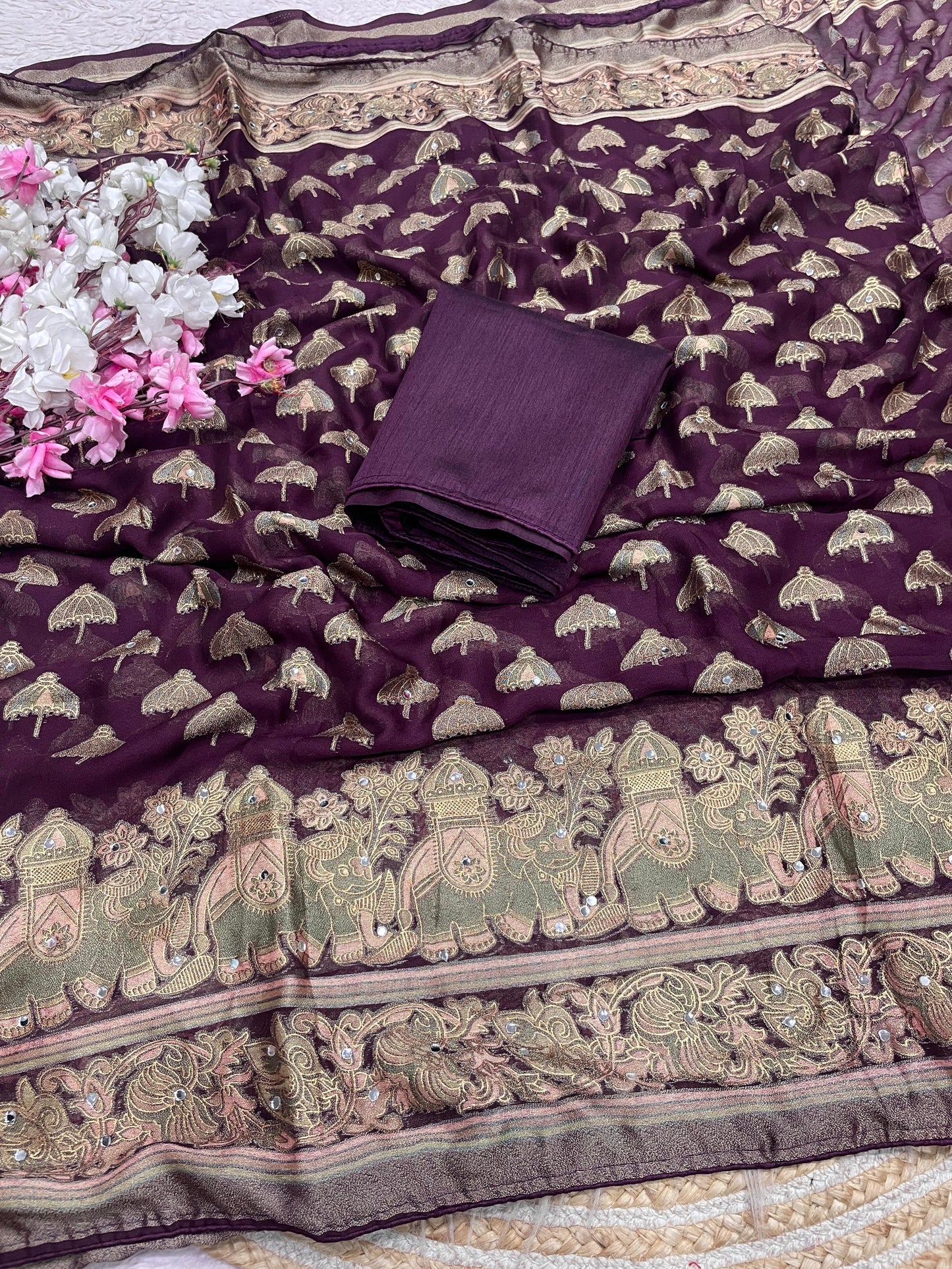 Premium Masmelo Brasso Saree with Original Mirror Work & Piping