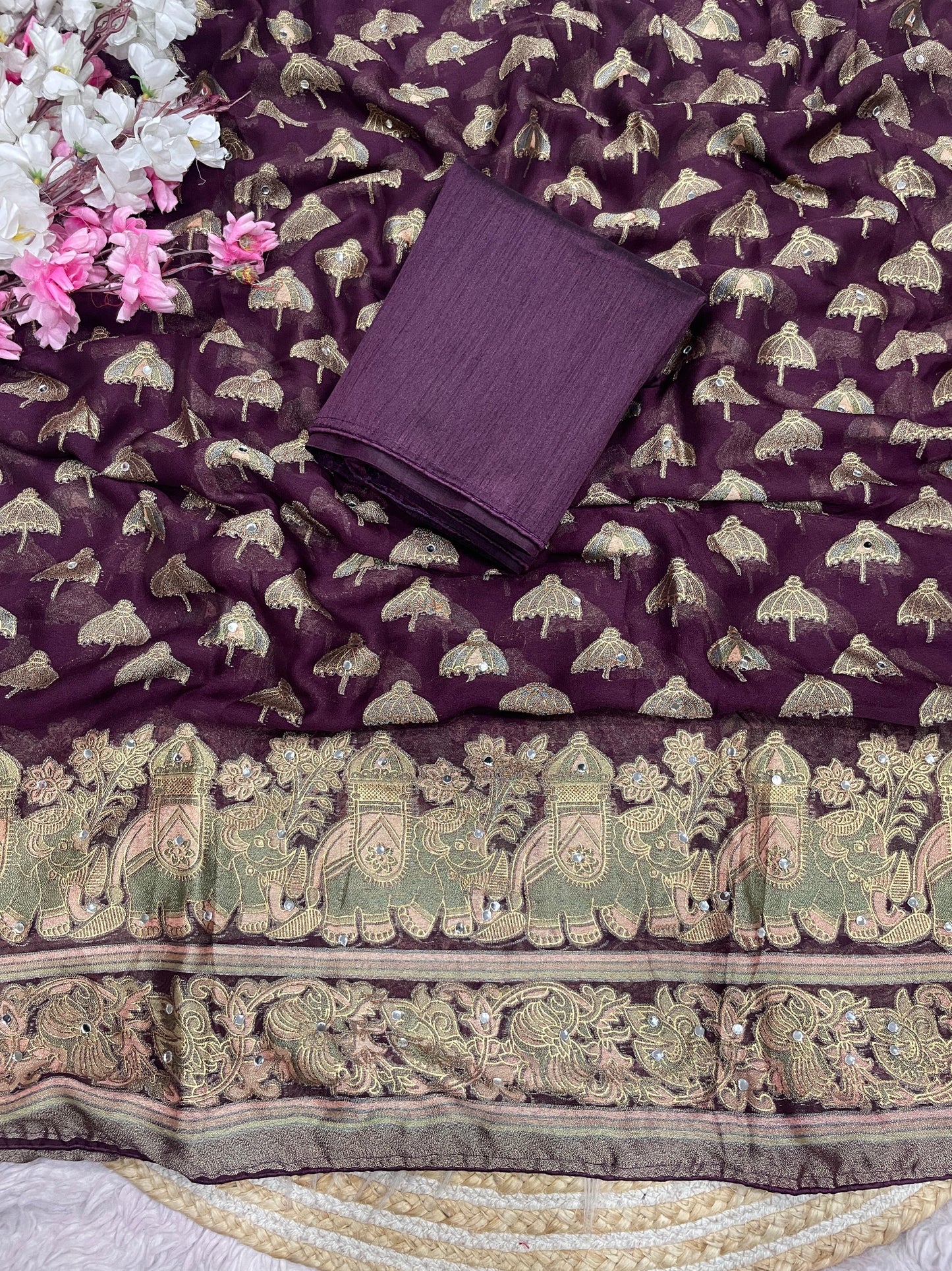 Premium Masmelo Brasso Saree with Original Mirror Work & Piping