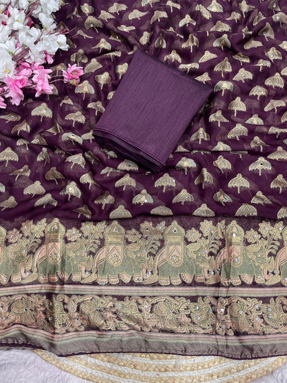 Premium Masmelo Brasso Saree with Original Mirror Work & Piping