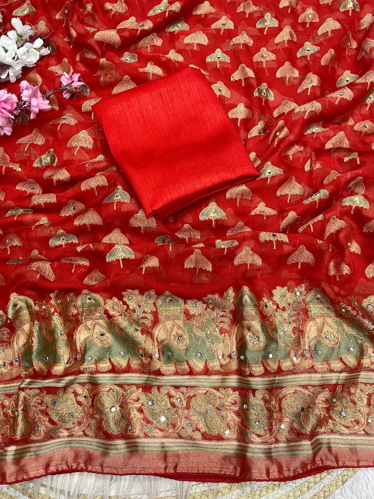 Premium Masmelo Brasso Saree with Original Mirror Work & Piping