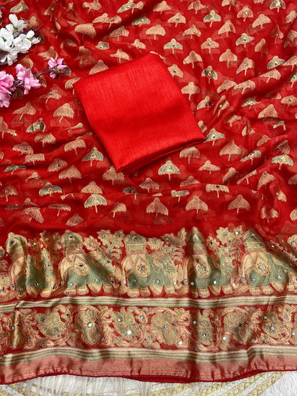 Premium Masmelo Brasso Saree with Original Mirror Work & Piping