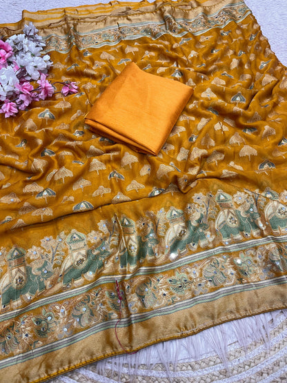 Premium Masmelo Brasso Saree with Original Mirror Work & Piping