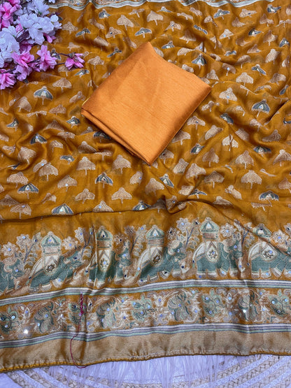 Premium Masmelo Brasso Saree with Original Mirror Work & Piping