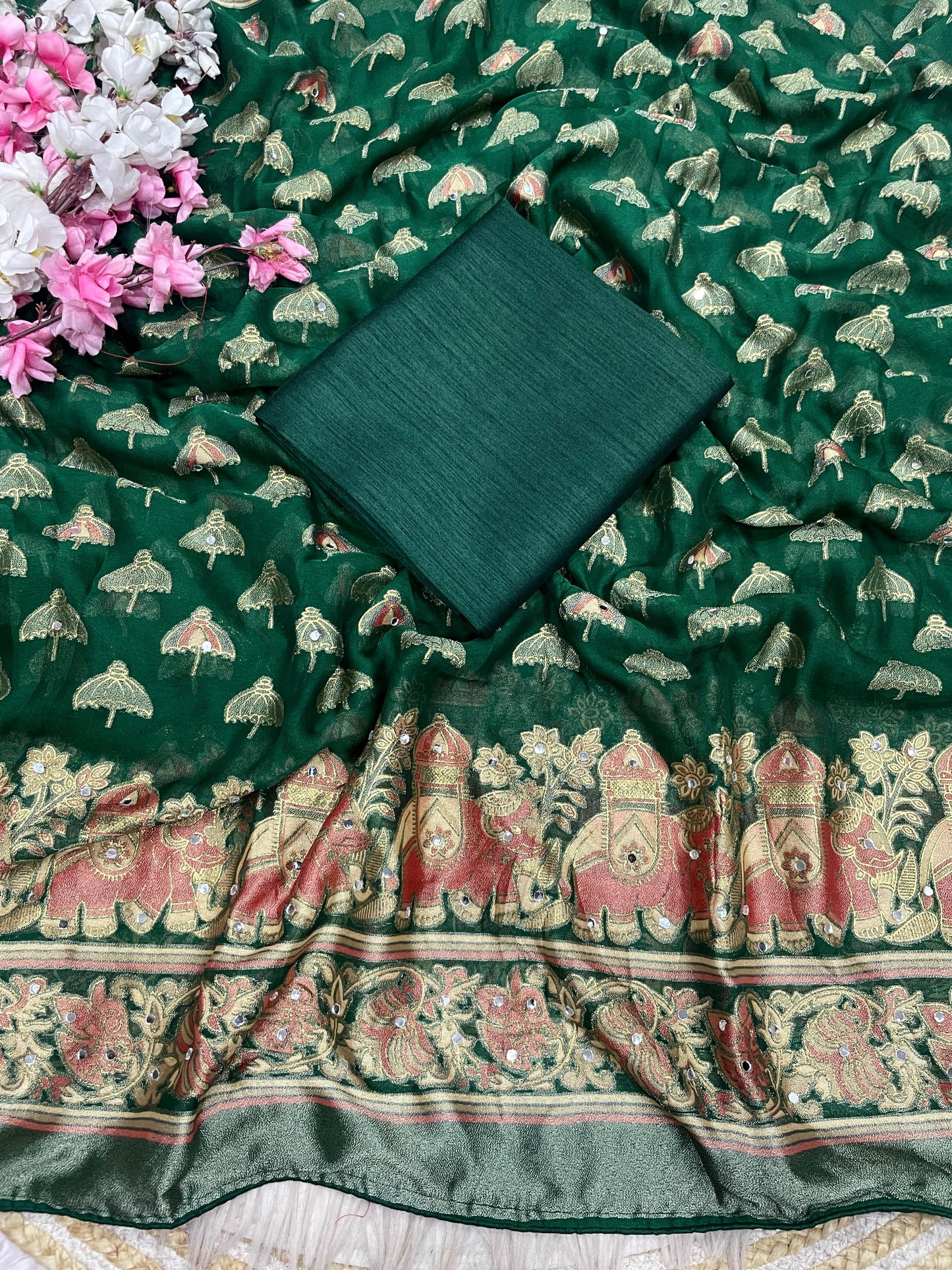 Premium Masmelo Brasso Saree with Original Mirror Work & Piping