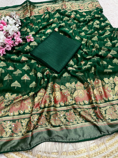 Premium Masmelo Brasso Saree with Original Mirror Work & Piping