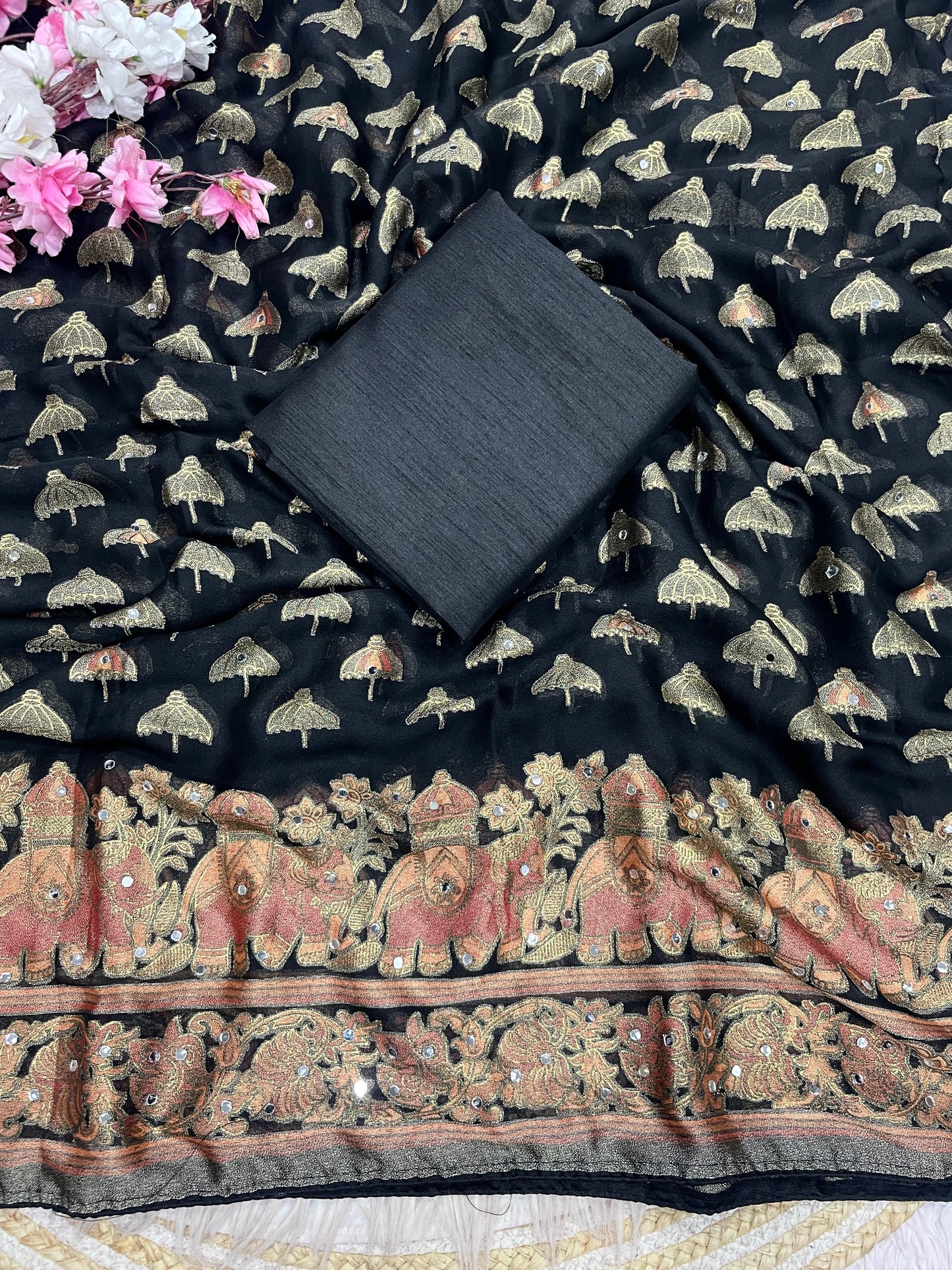 Premium Masmelo Brasso Saree with Original Mirror Work & Piping