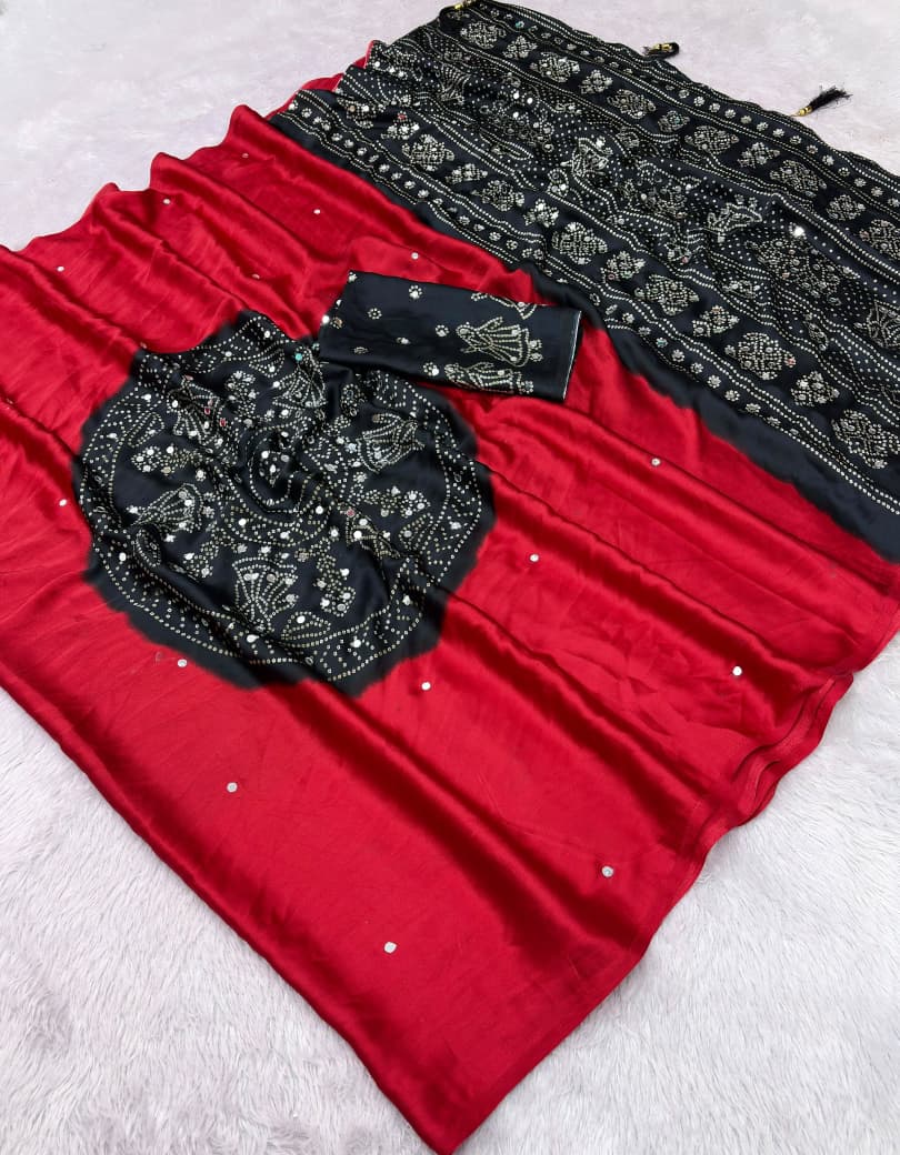 Premium Japan Satin Saree with Original Mirror Work & Beautiful Latkan