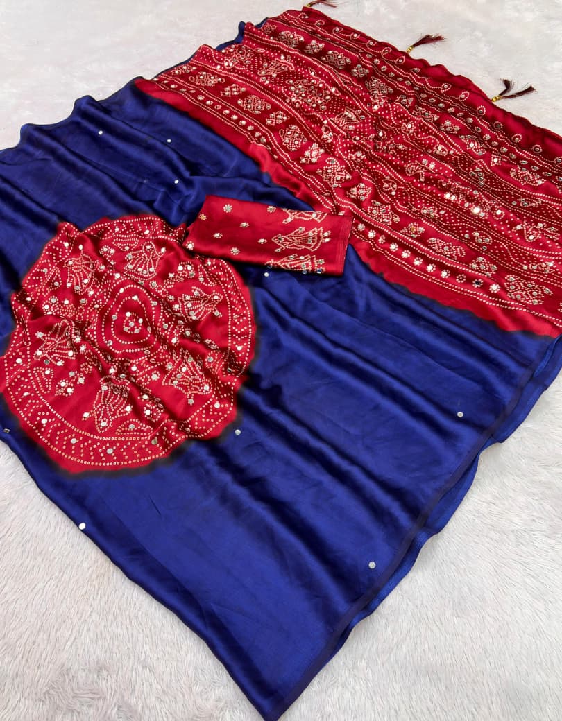 Premium Japan Satin Saree with Original Mirror Work & Beautiful Latkan