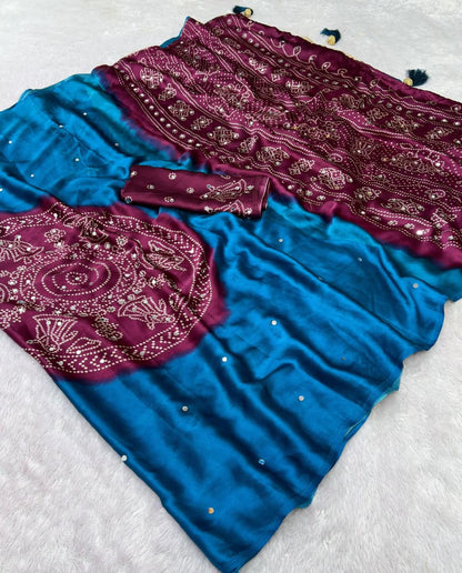 Premium Japan Satin Saree with Original Mirror Work & Beautiful Latkan
