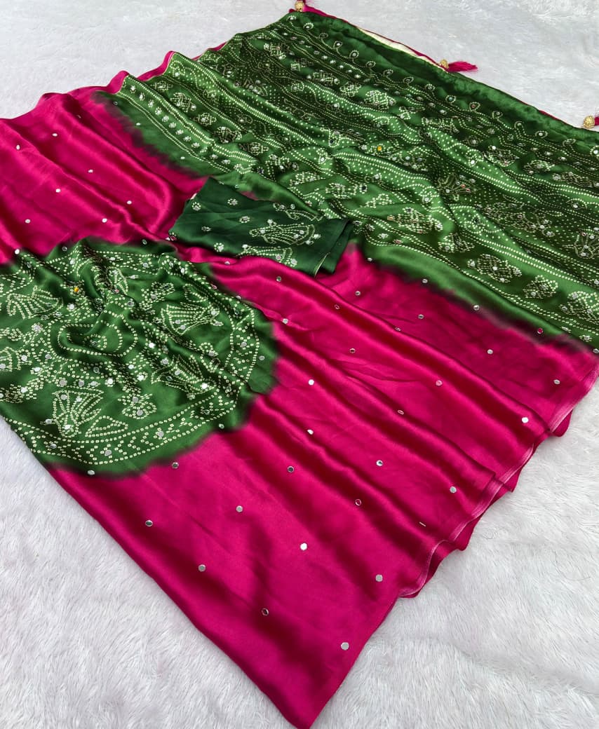 Premium Japan Satin Saree with Original Mirror Work & Beautiful Latkan