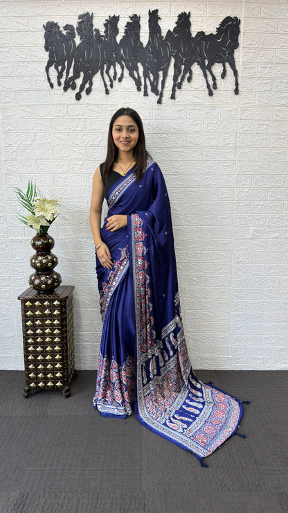 Premium Japan Satin Silk Saree with Heavy Mirror Work & Latkan Pallu