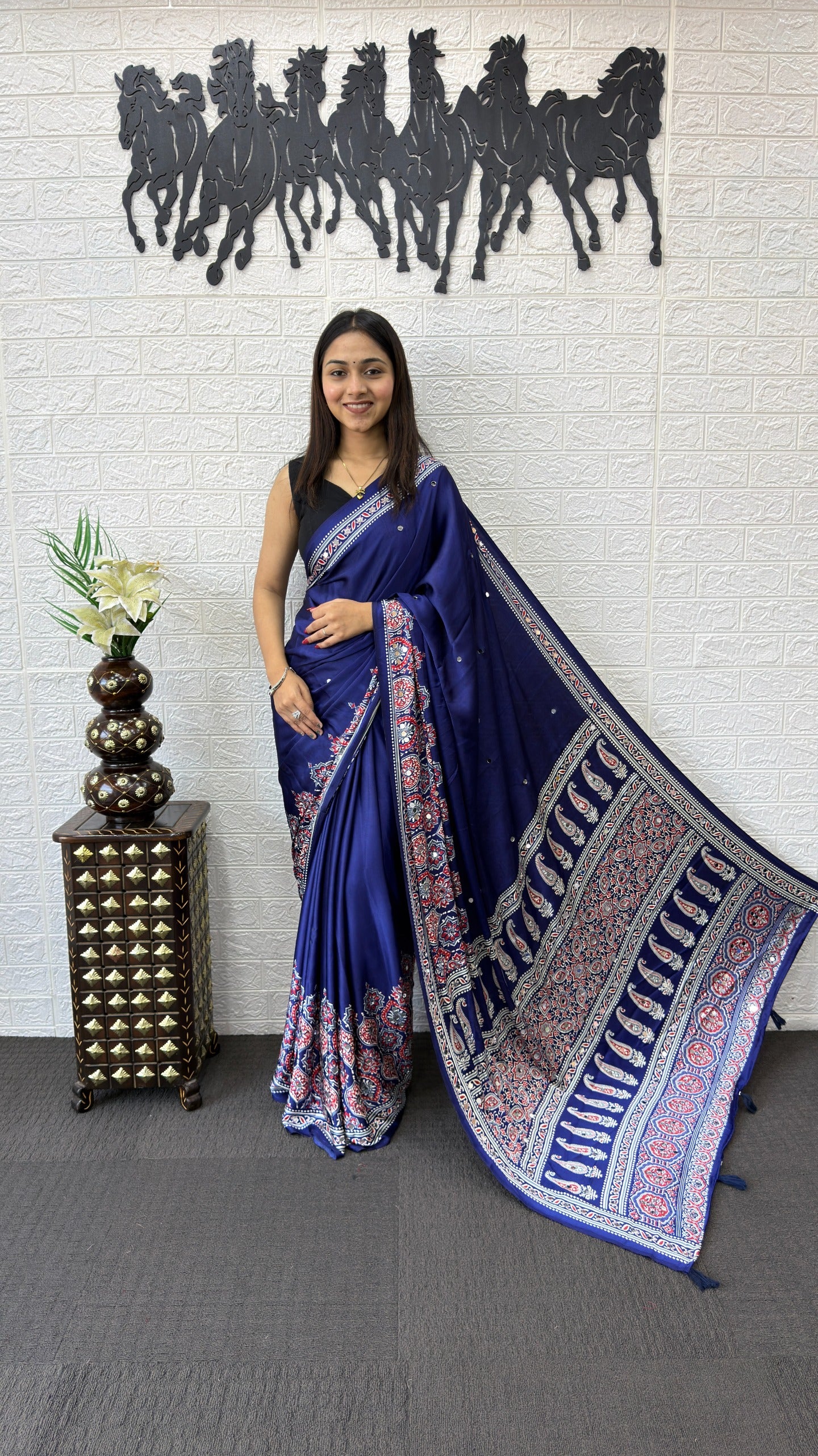 Premium Japan Satin Silk Saree with Heavy Mirror Work & Latkan Pallu