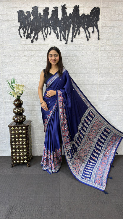 Premium Japan Satin Silk Saree with Heavy Mirror Work & Latkan Pallu