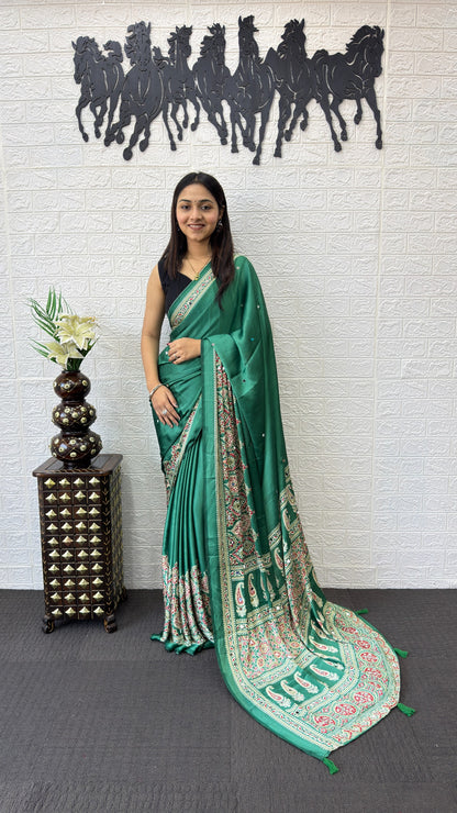 Premium Japan Satin Silk Saree with Heavy Mirror Work & Latkan Pallu