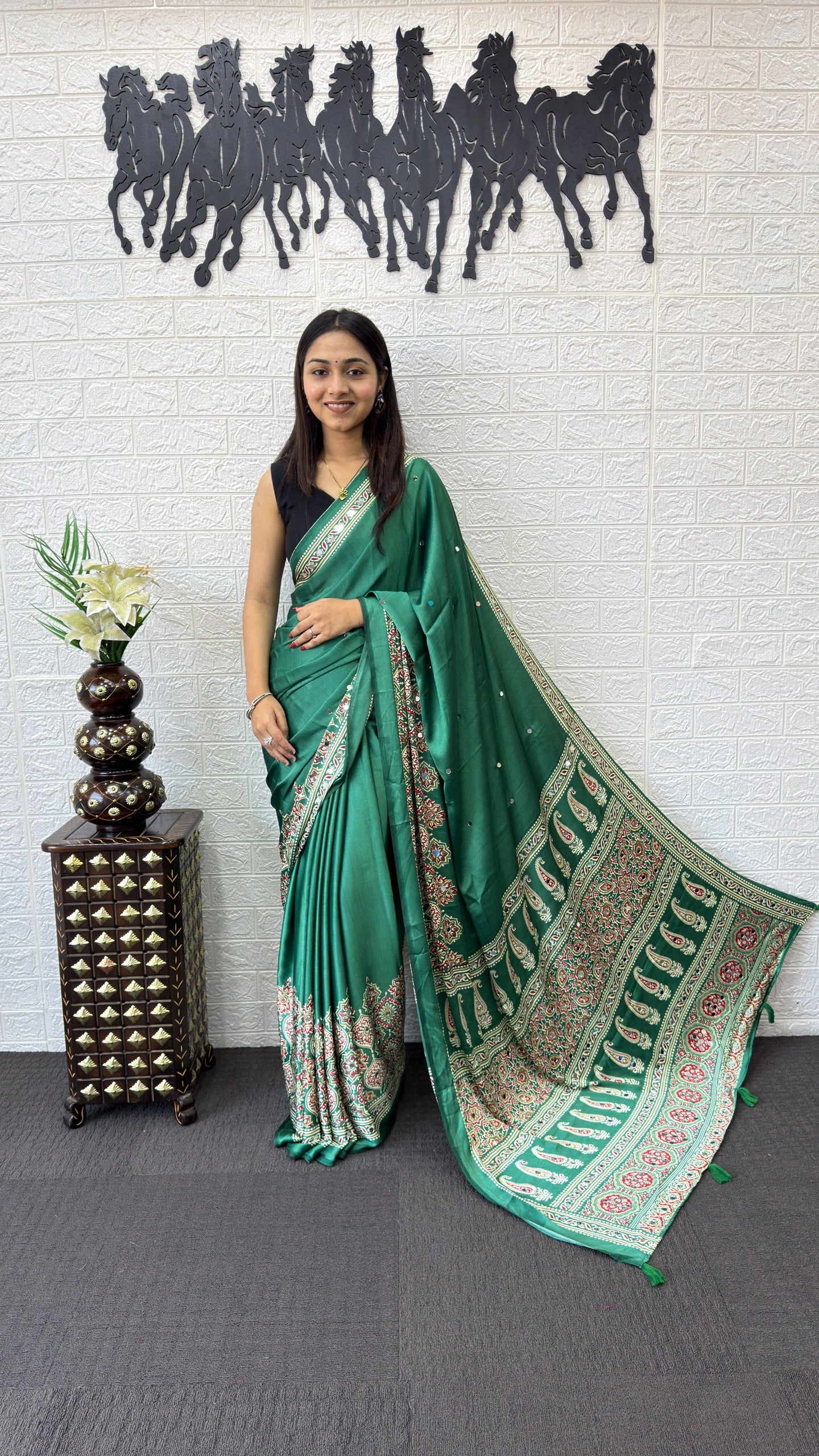 Premium Japan Satin Silk Saree with Heavy Mirror Work & Latkan Pallu