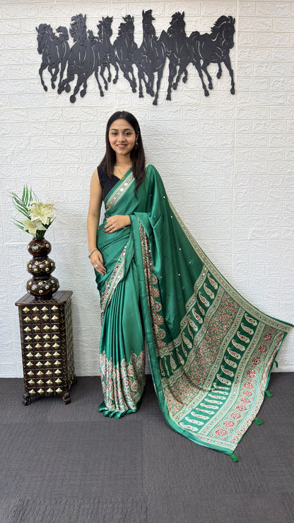 Premium Japan Satin Silk Saree with Heavy Mirror Work & Latkan Pallu