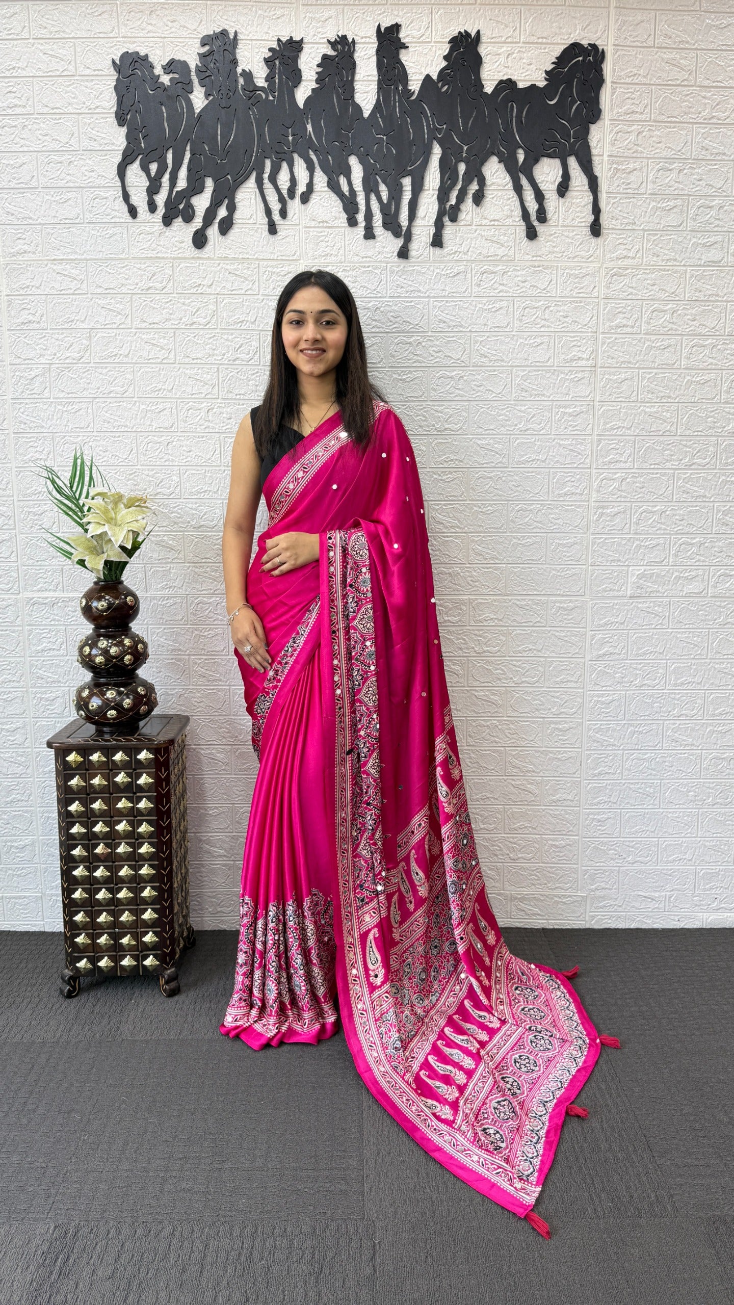 Premium Japan Satin Silk Saree with Heavy Mirror Work & Latkan Pallu