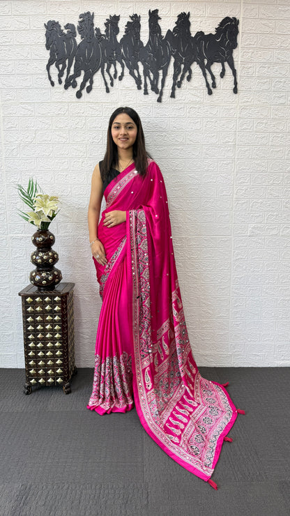 Premium Japan Satin Silk Saree with Heavy Mirror Work & Latkan Pallu