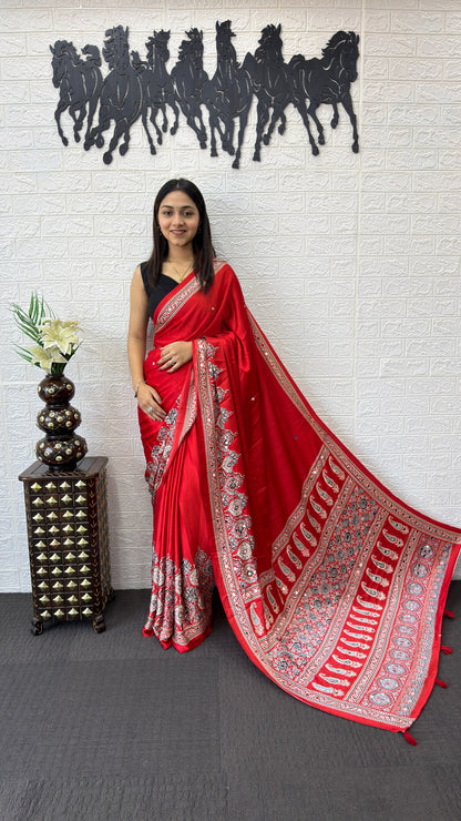 Premium Japan Satin Silk Saree with Heavy Mirror Work & Latkan Pallu