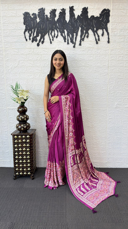 Premium Japan Satin Silk Saree with Heavy Mirror Work & Latkan Pallu