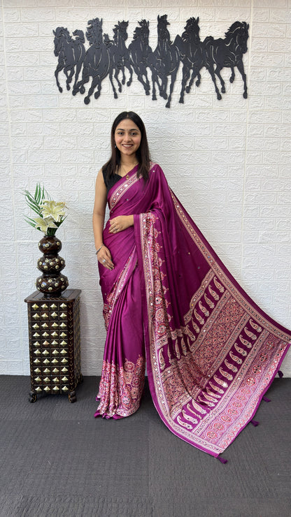 Premium Japan Satin Silk Saree with Heavy Mirror Work & Latkan Pallu