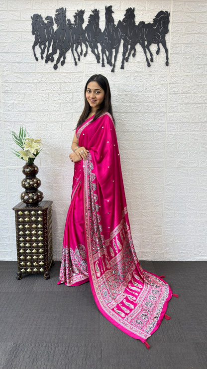 Premium Japan Satin Silk Saree with Heavy Mirror Work & Latkan Pallu