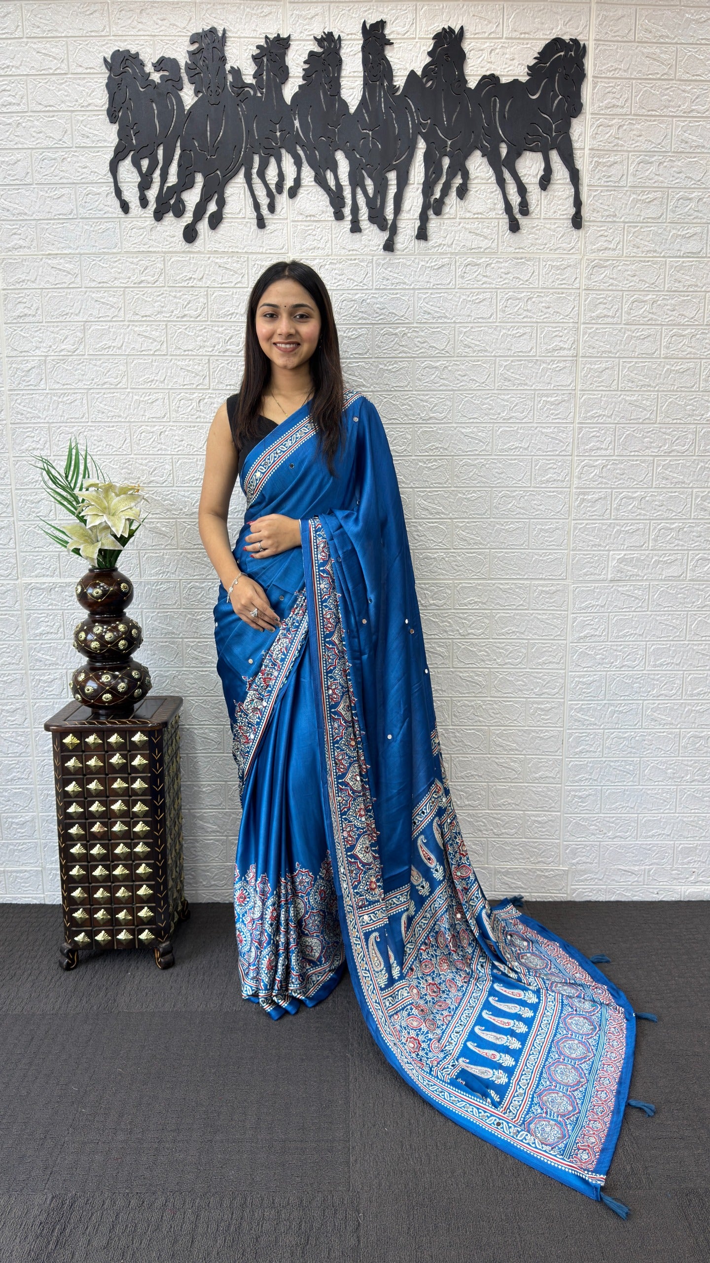Premium Japan Satin Silk Saree with Heavy Mirror Work & Latkan Pallu
