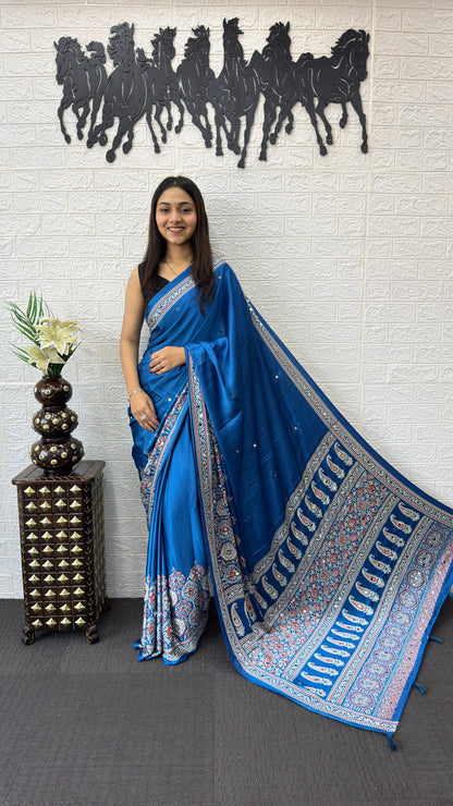 Premium Japan Satin Silk Saree with Heavy Mirror Work & Latkan Pallu
