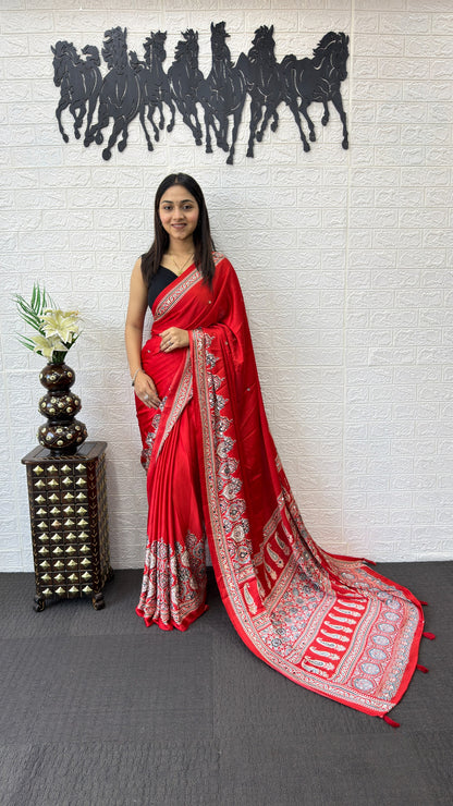 Premium Japan Satin Silk Saree with Heavy Mirror Work & Latkan Pallu