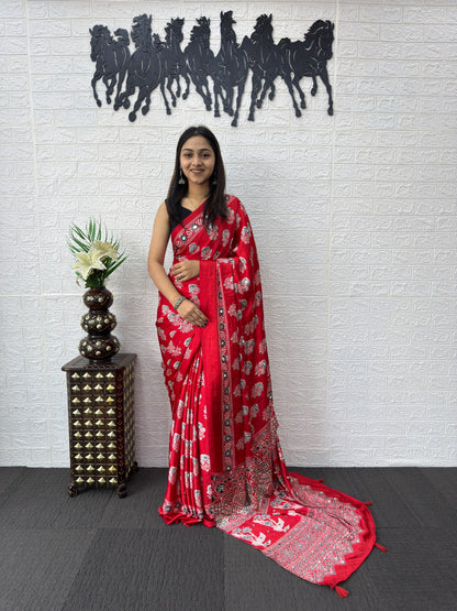 Premium Japan Satin Silk Saree with Heavy Mirror Work & Designer Latkan Pallu