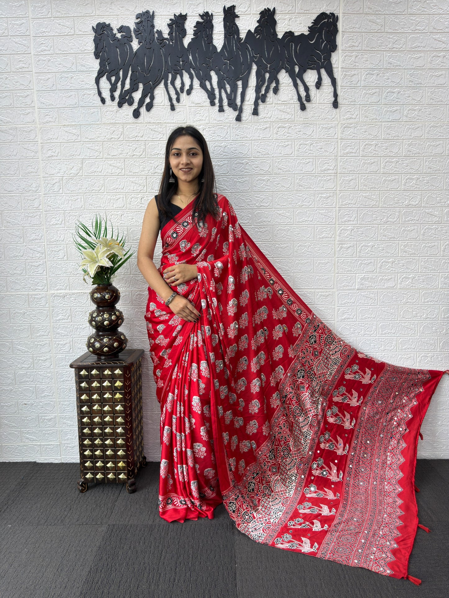 Premium Japan Satin Silk Saree with Heavy Mirror Work & Designer Latkan Pallu