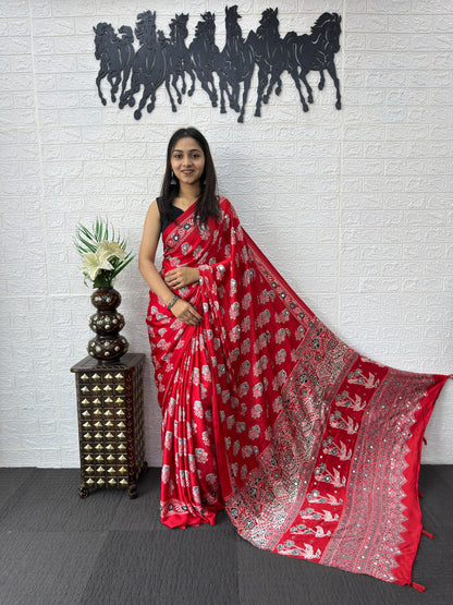 Premium Japan Satin Silk Saree with Heavy Mirror Work & Designer Latkan Pallu