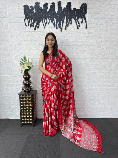 Premium Japan Satin Silk Saree with Heavy Mirror Work & Designer Latkan Pallu
